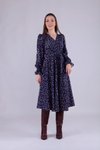 Midi Floral Velvet Wrap Neck Dress - Navy Blue