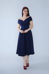 Lacivert Dökümlü Midi Kloş Kayık Yaka Elbise