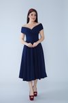 Lacivert Dökümlü Midi Kloş Kayık Yaka Elbise