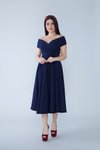 Lacivert Dökümlü Midi Kloş Kayık Yaka Elbise