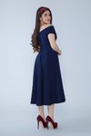 Lacivert Dökümlü Midi Kloş Kayık Yaka Elbise