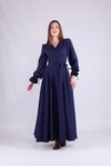 Lacivert Uzun Kol Kruvaze Yaka Tesettür Elbise