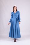 Mavi Uzun Kol Kruvaze Yaka Tesettür Elbise
