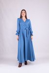 Mavi Uzun Kol Kruvaze Yaka Tesettür Elbise