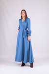 Mavi Uzun Kol Kruvaze Yaka Tesettür Elbise
