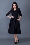 Siyah Kloş Midi V Yaka Cep Detaylı Elbise