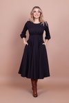 Siyah Midi Yuvarlak Yaka Cep Detaylı Elbise