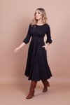 Siyah Midi Yuvarlak Yaka Cep Detaylı Elbise