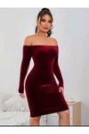 Bordo Kalem Uzun Kollu Kadife Madonna Yaka Elbise