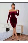 Bordo Kalem Uzun Kollu Kadife Madonna Yaka Elbise