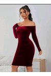 Bordo Kalem Uzun Kollu Kadife Madonna Yaka Elbise
