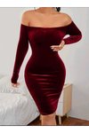Bordo Kalem Uzun Kollu Kadife Madonna Yaka Elbise