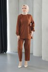 Kahverengi İkili Bağlama Detaylı Tesettür Takım