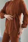 Kahverengi İkili Bağlama Detaylı Tesettür Takım