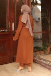 Kahverengi Uzun Tesettür Yaka Detaylı İkili Takım