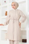 Bej Ribanalı Tesettür Beli Bağcıklı İkili Takım