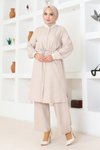 Bej Ribanalı Tesettür Beli Bağcıklı İkili Takım