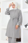 Gri Ribanalı Beli Bağcıklı Tesettür İkili Takım