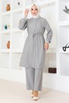 Gri Ribanalı Beli Bağcıklı Tesettür İkili Takım