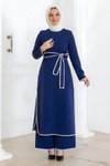 İndigo Çoban Dikişli Kemerli Tesettür İkili Takım