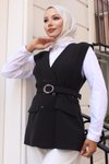 Siyah İkili Yelekli V Yaka Tesettür Takım