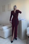 Bordo Kruvaze Uzun Taşlı Abiye Elbise