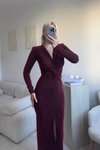 Bordo Kruvaze Uzun Taşlı Abiye Elbise