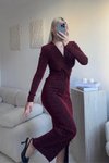Bordo Kruvaze Uzun Taşlı Abiye Elbise