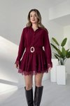Bordo Mini Gömlek Dantel Detaylı Elbise