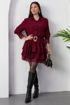 Bordo Mini Gömlek Yaka Dantelli Kemerli Elbise
