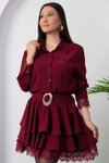 Bordo Mini Gömlek Yaka Dantelli Kemerli Elbise