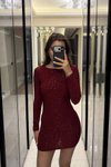 Bordo Mini Işıltılı Büzgülü Sırt Dekolteli Abiye Elbise