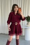Bordo Mini Katlı Gömlek Dantel Biyeli Kemerli Elbise