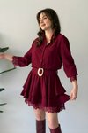 Bordo Mini Katlı Gömlek Dantel Biyeli Kemerli Elbise
