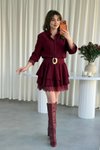 Bordo Mini Katlı Gömlek Dantel Biyeli Kemerli Elbise