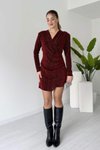 Bordo Mini Kruvaze Yaka Taşlı Elbise
