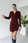 Bordo Mini Kruvaze Yaka Taşlı Elbise