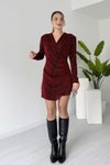 Bordo Mini Kruvaze Yaka Taşlı Elbise