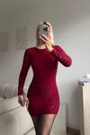 Bordo Mini Sırt Dekolteli Simli Abiye Elbise
