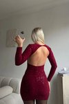 Bordo Simli Mini Sırt Dekolteli Abiye Elbise