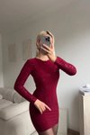 Bordo Simli Mini Sırt Dekolteli Abiye Elbise