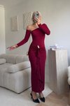 Bordo Uzun Tek Omuzlu Aksesuar Detaylı Abiye Elbise