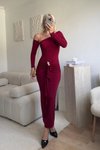 Bordo Uzun Tek Omuzlu Aksesuar Detaylı Abiye Elbise