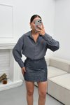 Gri Pul Payet Mini Gömlek Elbise