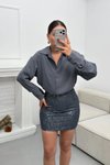 Gri Pul Payet Mini Gömlek Elbise