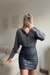 Gri Pul Payet Mini Gömlek Elbise