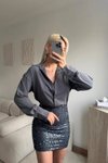 Gri Pul Payet Mini Gömlek Elbise
