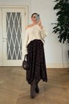 Kahverengi Çiçek Desenli Midi Asimetrik Etek