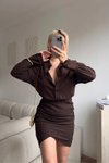 Kahverengi Çizgili Mini Gömlek Elbise