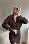 Kahverengi Çizgili Mini Gömlek Elbise
